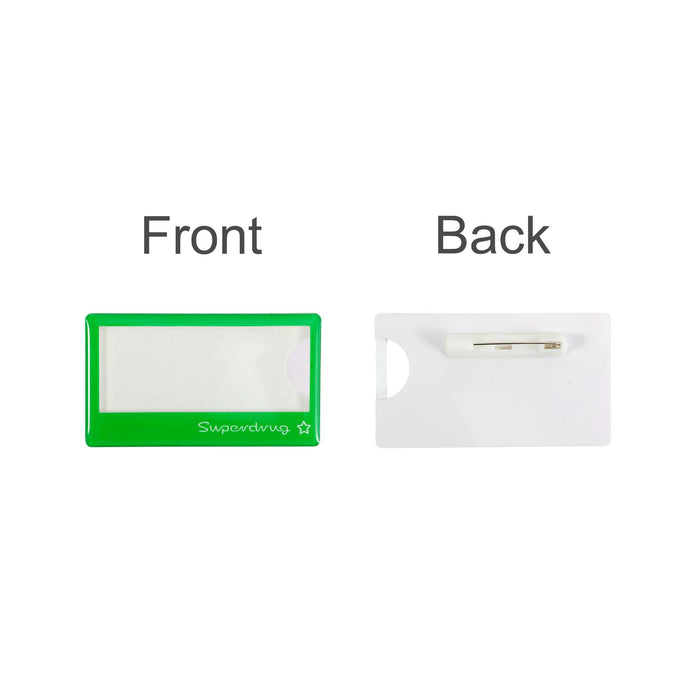 Custom Reusable Acrylic Name Badge - A green and white custom reusable acrylic name badge, featuring a pin on the back for attachment.