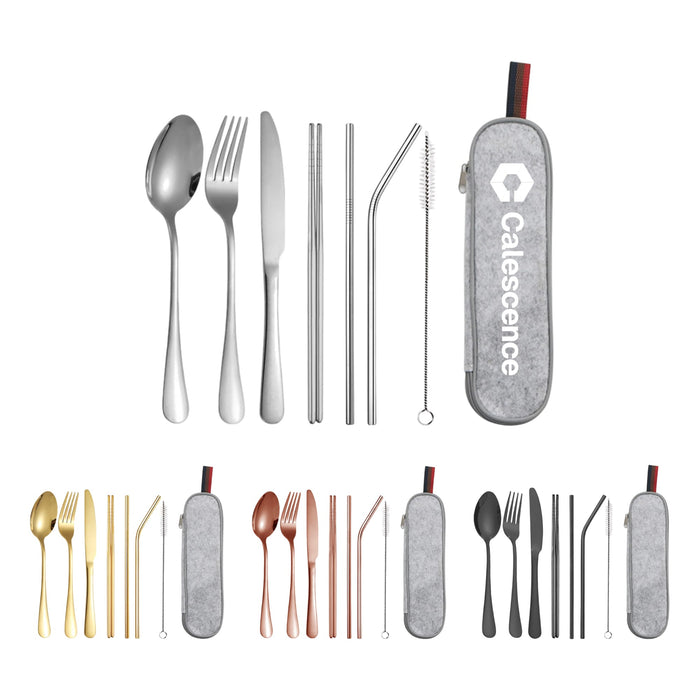 Stainless Steel Flatware Set 7pcs - A stainless steel flatware set with seven pieces, including spoons, forks, knives, and straws, in multiple colours with a case.