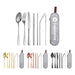 Stainless Steel Flatware Set 7pcs - A stainless steel flatware set with seven pieces, including spoons, forks, knives, and straws, in multiple colours with a case.