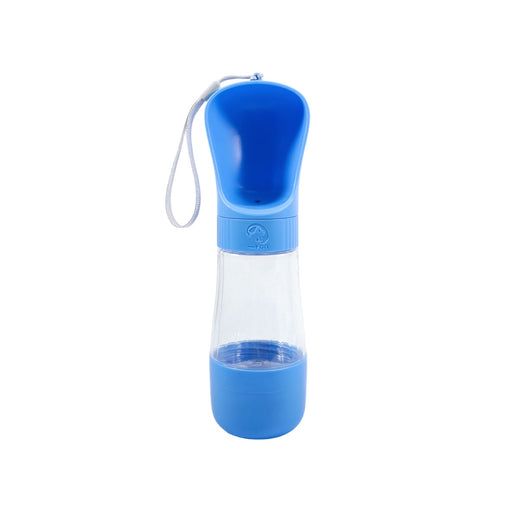 Pet Water Bottle with Food Container - A drink bottle with a blue top and base, featuring a clear body and a built-in food container. The bottle has a strap and a logo.