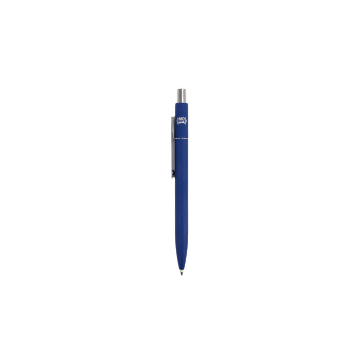 NFC Metal Ballpoint Pen - A blue metal ballpoint pen with a silver clip and a logo on the body.
