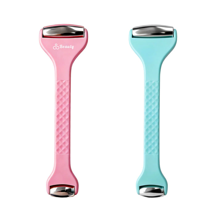 Ice Massager Roller Double Head - A double-headed ice massager roller featuring a pink and a blue handle, with a textured grip and metallic ends.