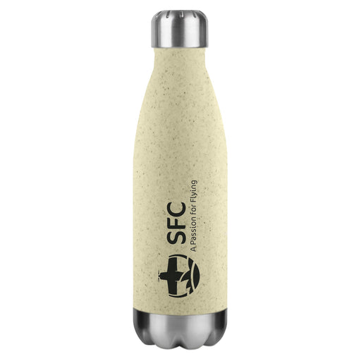 Komo Wheat Straw Drink Bottle - A drink bottle in light beige with a stainless steel cap and a logo printed on the front.