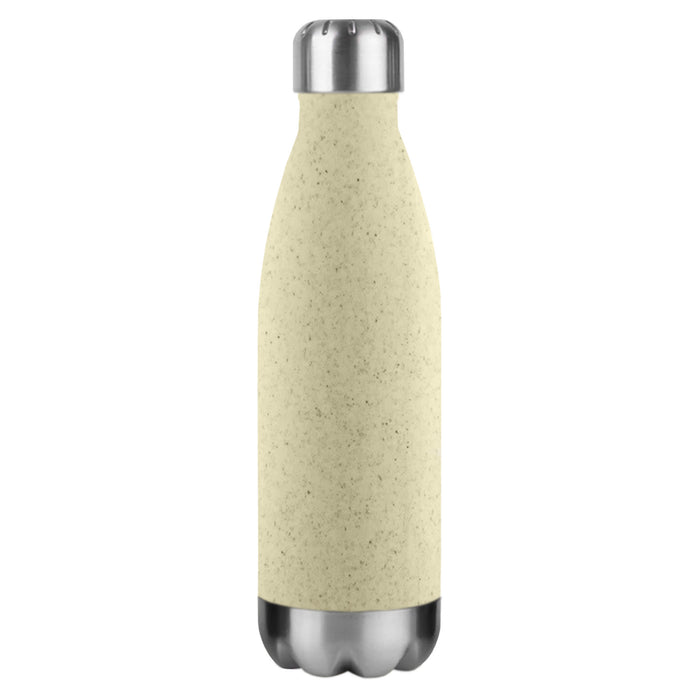Komo Wheat Straw Drink Bottle - A drink bottle in a light beige colour made from wheat straw, featuring a stainless steel base and a silver lid.