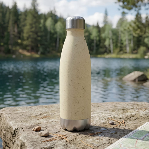 Komo Wheat Straw Drink Bottle - A drink bottle in a light beige colour with a stainless steel base, set against a scenic lakeside background.