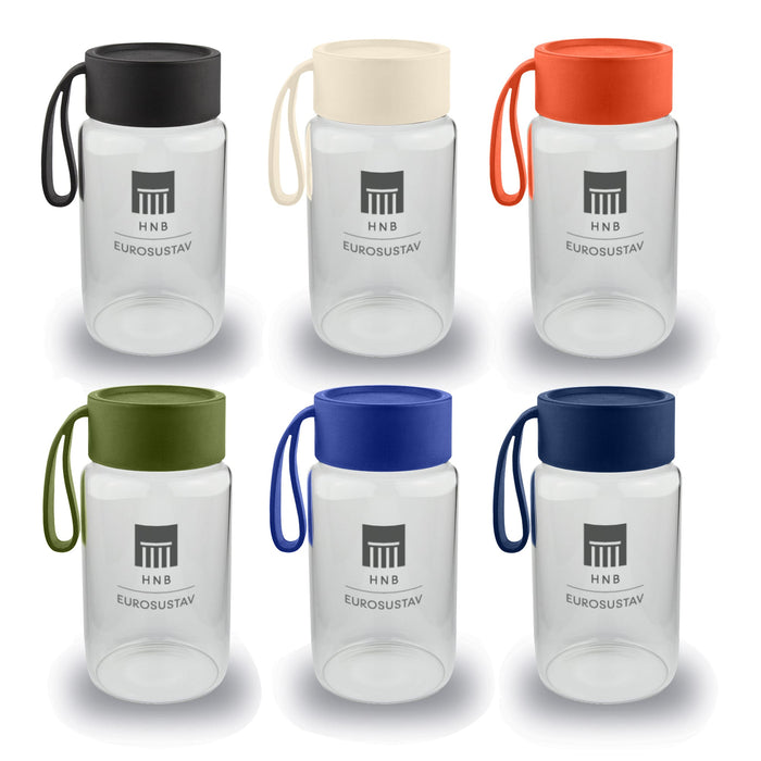 Kyoto Glass Bottle - A drink bottle collection featuring six glass bottles in clear, green, navy, orange, cream, and black, with carrying straps and logos.