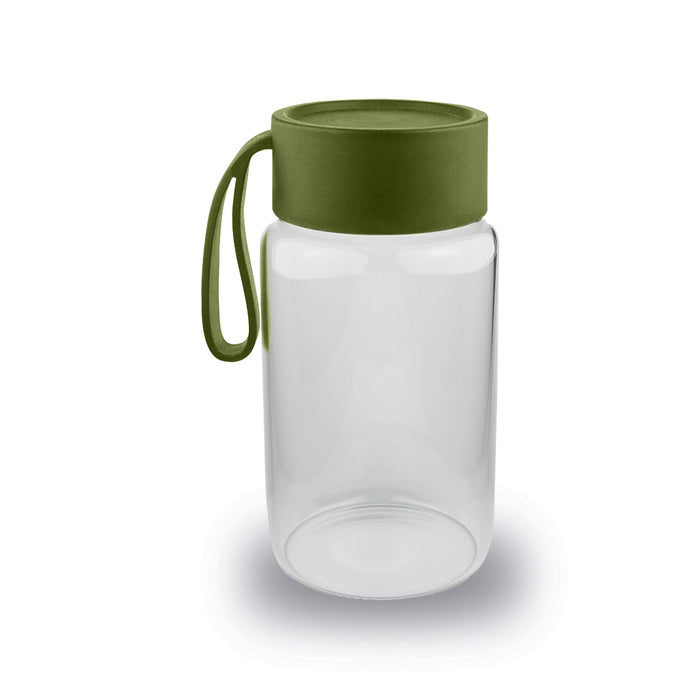 Kyoto Glass Bottle - A drink bottle made of clear glass with a green silicone lid and handle. It features a simple, modern design.