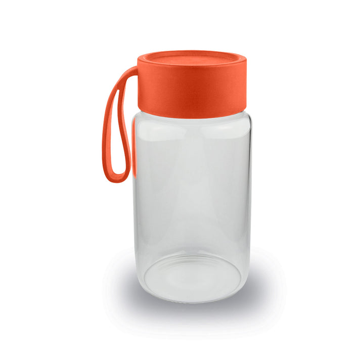Kyoto Glass Bottle - A drink bottle made of clear glass with an orange lid and a matching handle. It features a branding logo.