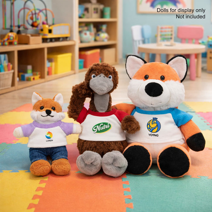 Plush Doll Raglan T-Shirt - A collection of plush dolls in assorted colours, wearing raglan t-shirts, displayed in a bright, cheerful room.