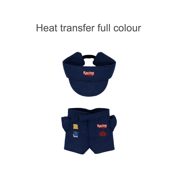 Plush Doll Racing Suit Set (10cm Doll) - A plush doll racing suit set in navy featuring a visor and shorts, with a logo and colourful details.