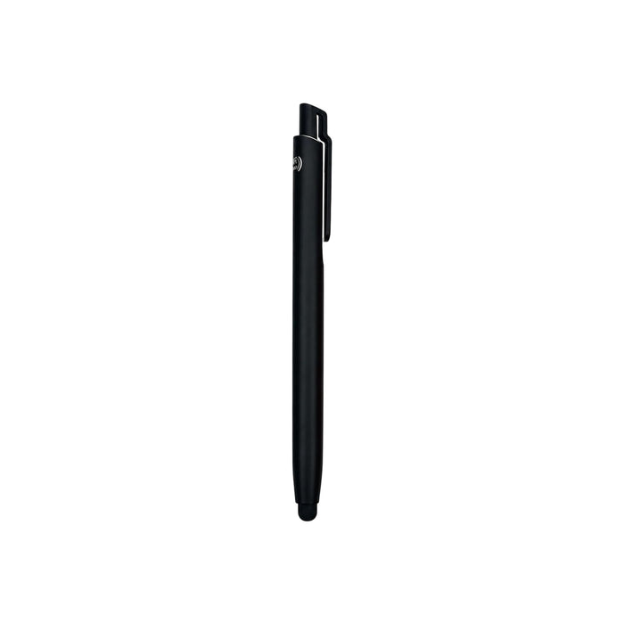NFC Touchscreen Ballpoint Pen - A black NFC touchscreen ballpoint pen with a sleek design and a clip. It features a logo on its body.