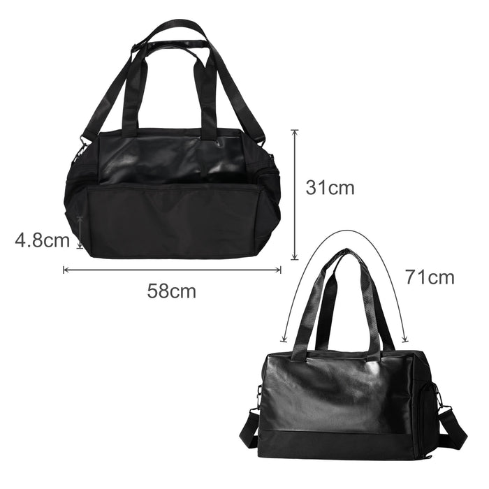 Carry-on Duffle Bag - A black duffle bag with two handles, a removable shoulder strap, and a zippered opening. Features a logo.