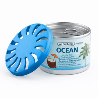 Air Freshener – Ocean - A blue air freshener can with a lid, labelled "Ocean," containing 100g of scented product.
