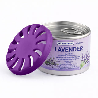 Air Freshener – Lavender - A lavender-scented air freshener in a silver can with a purple lid, featuring a floral design.