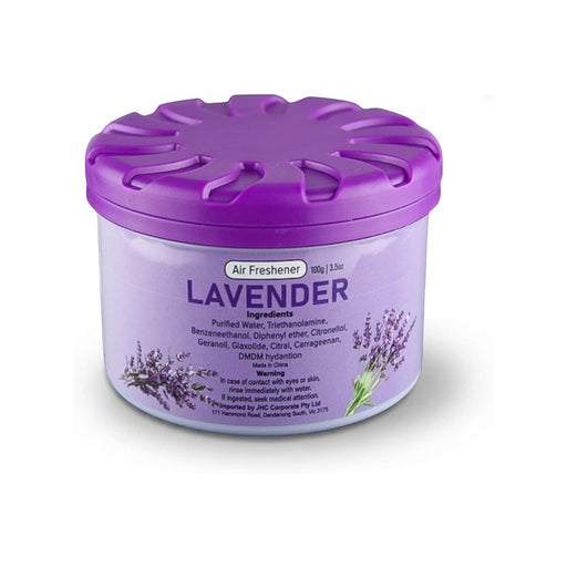 Air Freshener – Lavender - A purple air freshener container labelled "Lavender" with a floral design and a twist-off lid.