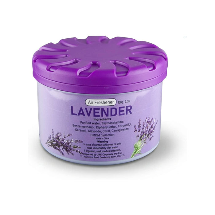 Air Freshener – Lavender - A purple air freshener container labelled "Lavender" with a floral design and a twist-off lid.