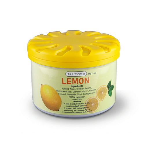 Air Freshener – Lemon - A cylindrical container of air freshener in yellow, with a lemon scent, featuring a logo and ingredients list.