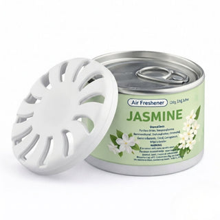 Air Freshener – Jasmine - A round tin of jasmine air freshener with a white lid, featuring floral graphics and a green label.