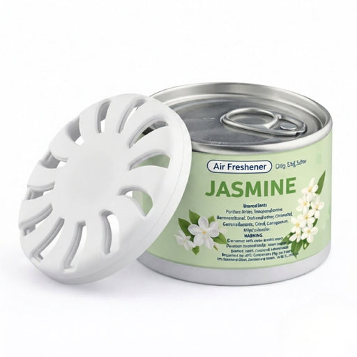Air Freshener – Jasmine - A round tin of jasmine air freshener with a white lid, featuring floral graphics and a green label.