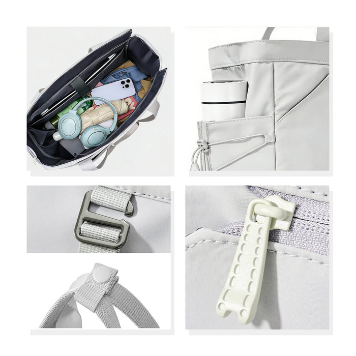 Lightweight Tennis Tote Bag - A lightweight grey tennis tote bag with compartments for a drink bottle, phone, headphones, and other items.