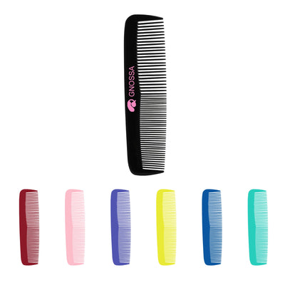 Custom Blended-Tooth Comb - A black comb with fine and wide teeth, featuring a logo, alongside combs in red, pink, yellow, blue, and green.