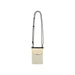 Minimalist Crossbody Phone Bag - A minimalist crossbody phone bag in cream colour with a patterned strap and a flap closure. Features a branding logo.