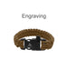 Paracord Bracelet With Whistle - A paracord bracelet in tan with a black buckle and a logo, featuring a whistle attachment.