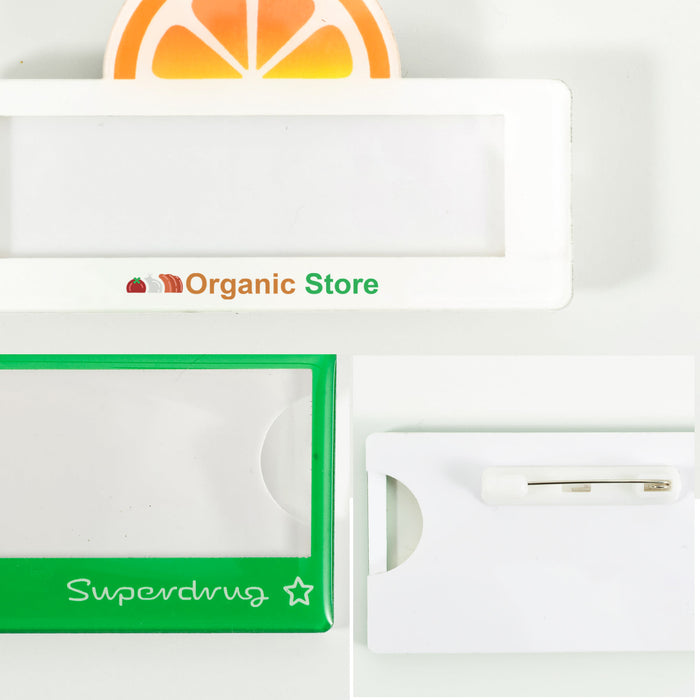 Custom Reusable Acrylic Name Badge - A custom reusable acrylic name badge in white and green, featuring a logo and a pin attachment.