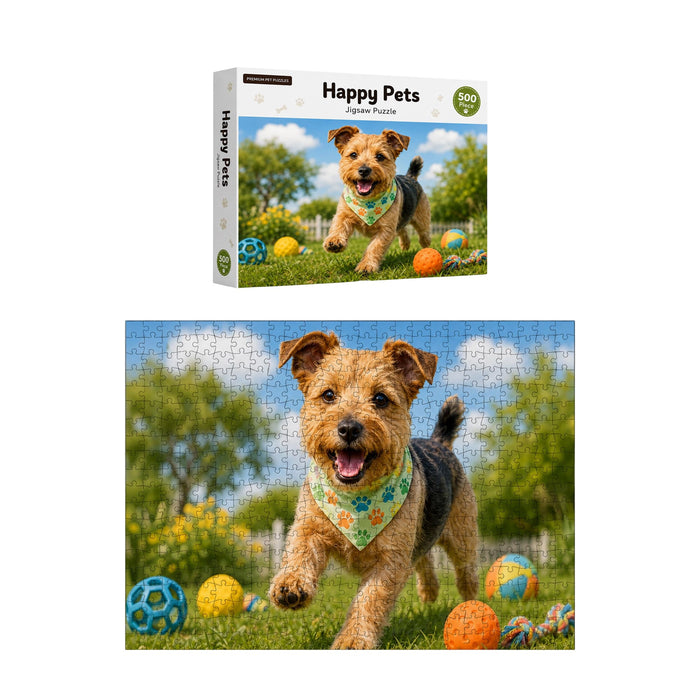 Custom Gift Box Jigsaw Puzzle - A jigsaw puzzle box featuring a spirited dog running through a garden surrounded by colourful balls. The puzzle depicts a vibrant outdoor scene.