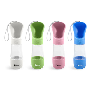 Pet Water Bottle with Food Container - A drink bottle available in grey, green, pink, and blue, featuring a food container and a logo on the side.