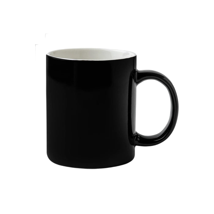 Laser Engraving Ceramic Mug - A ceramic mug with a black exterior and a white interior, featuring a handle and a logo.
