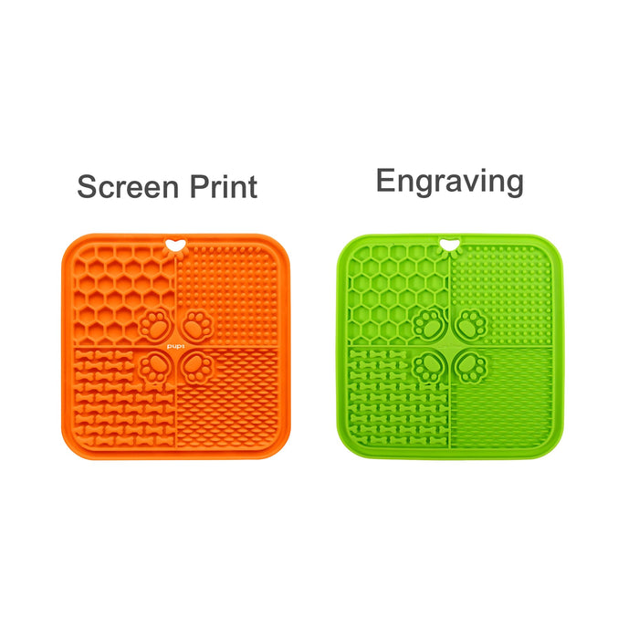4-Section Dog Enrichment Lick Mat - A 4-section dog enrichment lick mat in orange and green, featuring textured surfaces and a small hole for hanging.