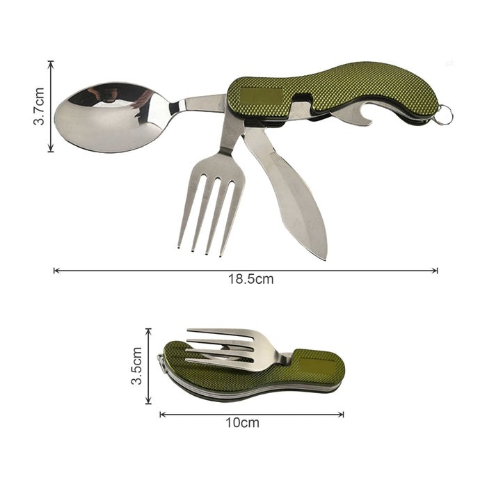 Camping Cutlery - A multi-tool camping cutlery set with a green textured handle, featuring a spoon, fork, and knife.