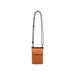 Minimalist Crossbody Phone Bag - An orange minimalist crossbody phone bag with a patterned strap and a front pocket. It features a logo.