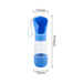 Pet Water Bottle with Food Container - A drink bottle in blue featuring a detachable top section for food storage and a wrist strap for easy carrying.