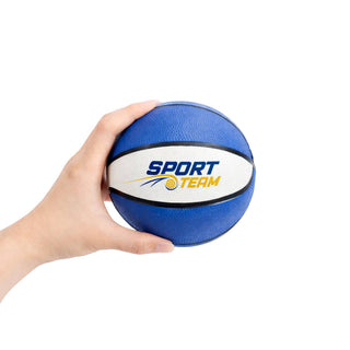Mini Promotional Basketball - A blue mini basketball held in a hand, featuring a white stripe and a logo.