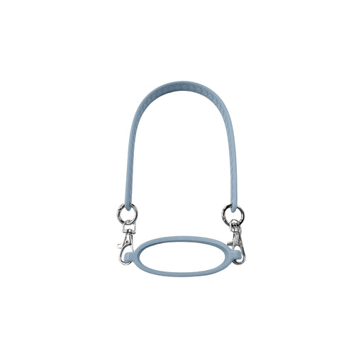 Silicone Cup Carry Strap - A drink bottle carrying strap in light blue silicone, featuring metal clips and a circular handle.
