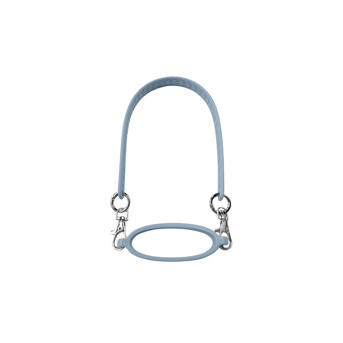 Silicone Cup Carry Strap - A drink bottle carrying strap in light blue silicone, featuring metal clips and a circular handle.