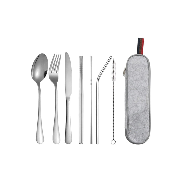 Stainless Steel Flatware Set 7pcs - A stainless steel flatware set featuring a spoon, fork, knife, two metal straws, a bent straw, a cleaning brush, and a grey case.