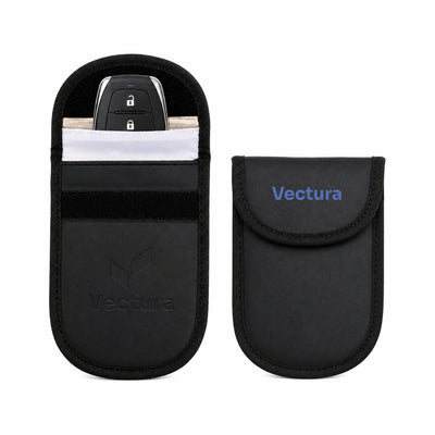 PU Faraday Signal Blocking Pouch - A black PU Faraday signal blocking pouch with a logo, designed to hold a car key.
