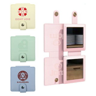 Suqare Folding Pocket Mirror - A square folding pocket mirror in pastel pink, with additional mirrors in mint green and light blue. Features a logo.
