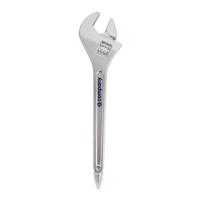 Spanner Shape Ballpoint Pen - A silver ballpoint pen shaped like a spanner, featuring a logo on the side.