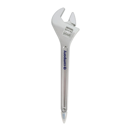 Spanner Shape Ballpoint Pen - A silver ballpoint pen shaped like a spanner, featuring a logo on the side.