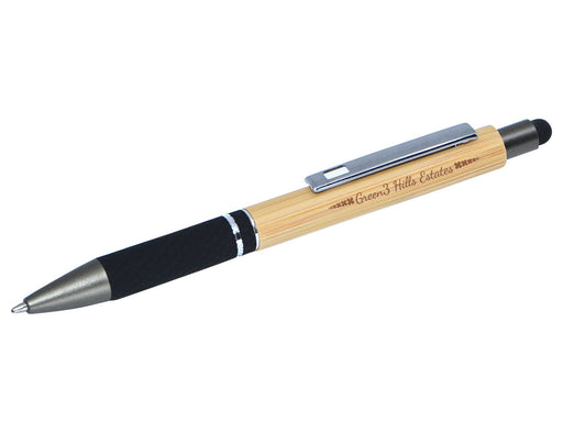 Vista Bamboo Stylus Pen - A bamboo stylus pen featuring a black grip and silver accents, with a branding logo on the barrel.