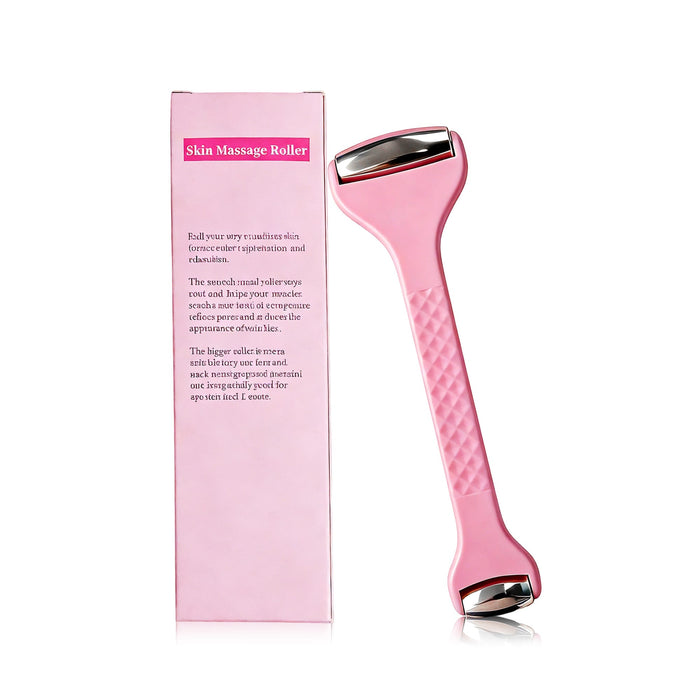 Ice Massager Roller Double Head - A pink ice massager roller with double heads, featuring a textured handle and a box in the background.