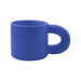 Laser Engraving Ceramic Coffee Mug - A blue ceramic coffee mug with a unique handle design, featuring a smooth matte finish and a logo.