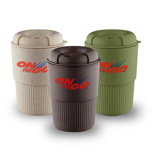 Ecco Kuppa – EcoBlend - A drink bottle trio in cream, brown, and green, featuring ribbed bases and a logo on the front.