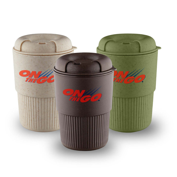 Ecco Kuppa – EcoBlend - A drink bottle trio in cream, brown, and green, featuring ribbed bases and a logo on the front.