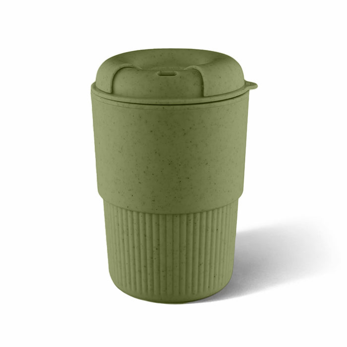 Ecco Kuppa – EcoBlend - A drink bottle in a muted green colour with a textured ribbed base and a lid, featuring a logo.