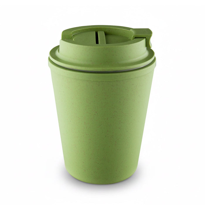 Karvo Kuppa – EcoBlend - A drink bottle in a light green colour, resembling a takeaway cup, with a flip lid and a logo.